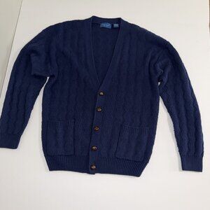 Vintage Towncraft Cardigan Sweater Medium Mens Blue Cable Knit Fisherman Grandpa